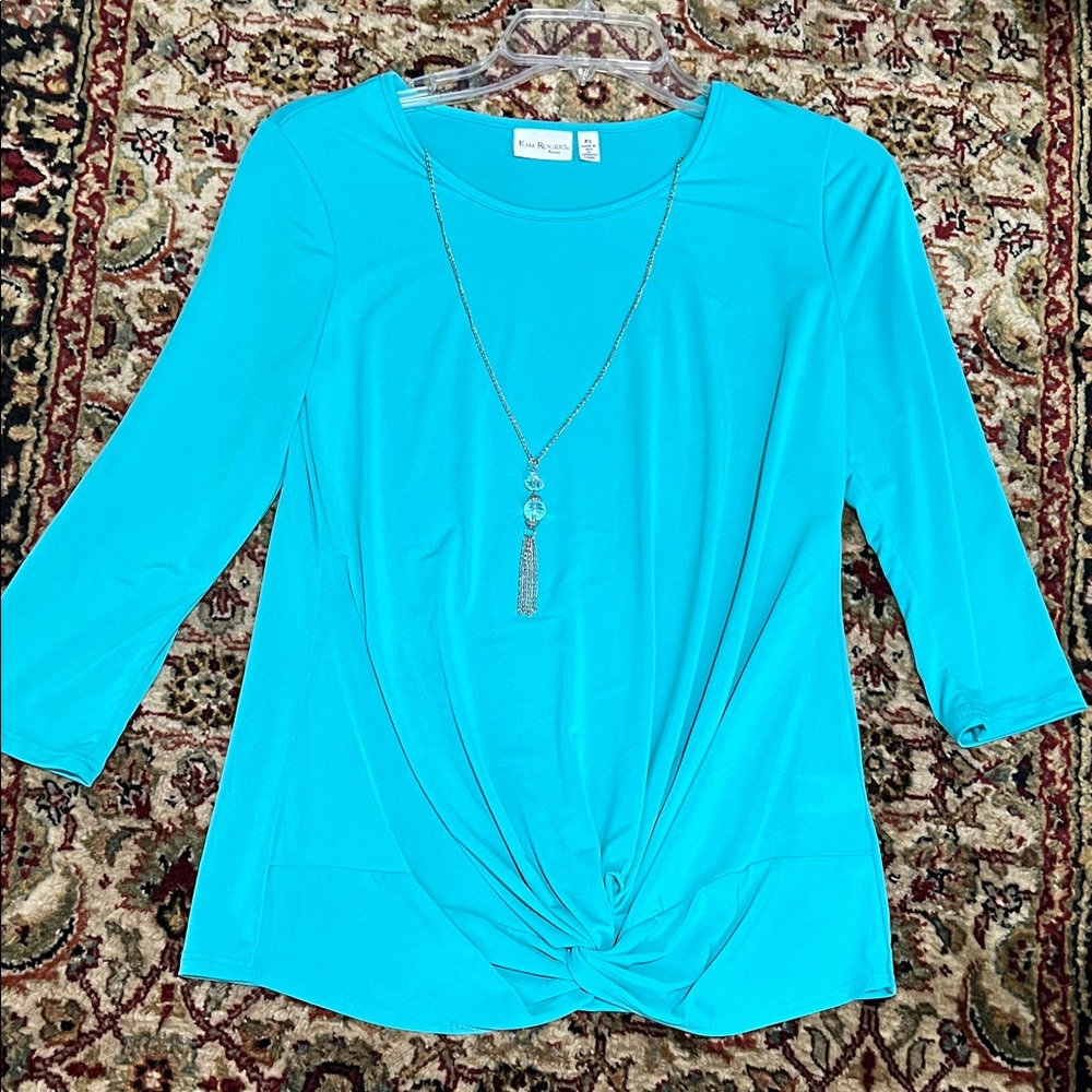 Kim Rogers Teal Twist-Front Top With Removable Necklace Size Petite Small